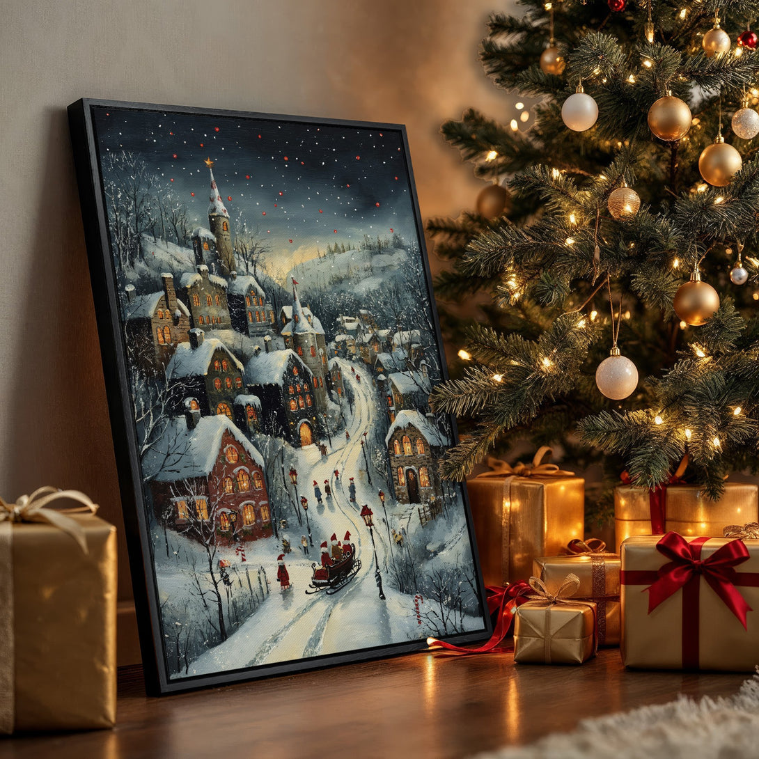 Framed Wall Art: Winter village scene canvas print with snow, warm lights, and a cozy, festive color palette for holiday decor.
