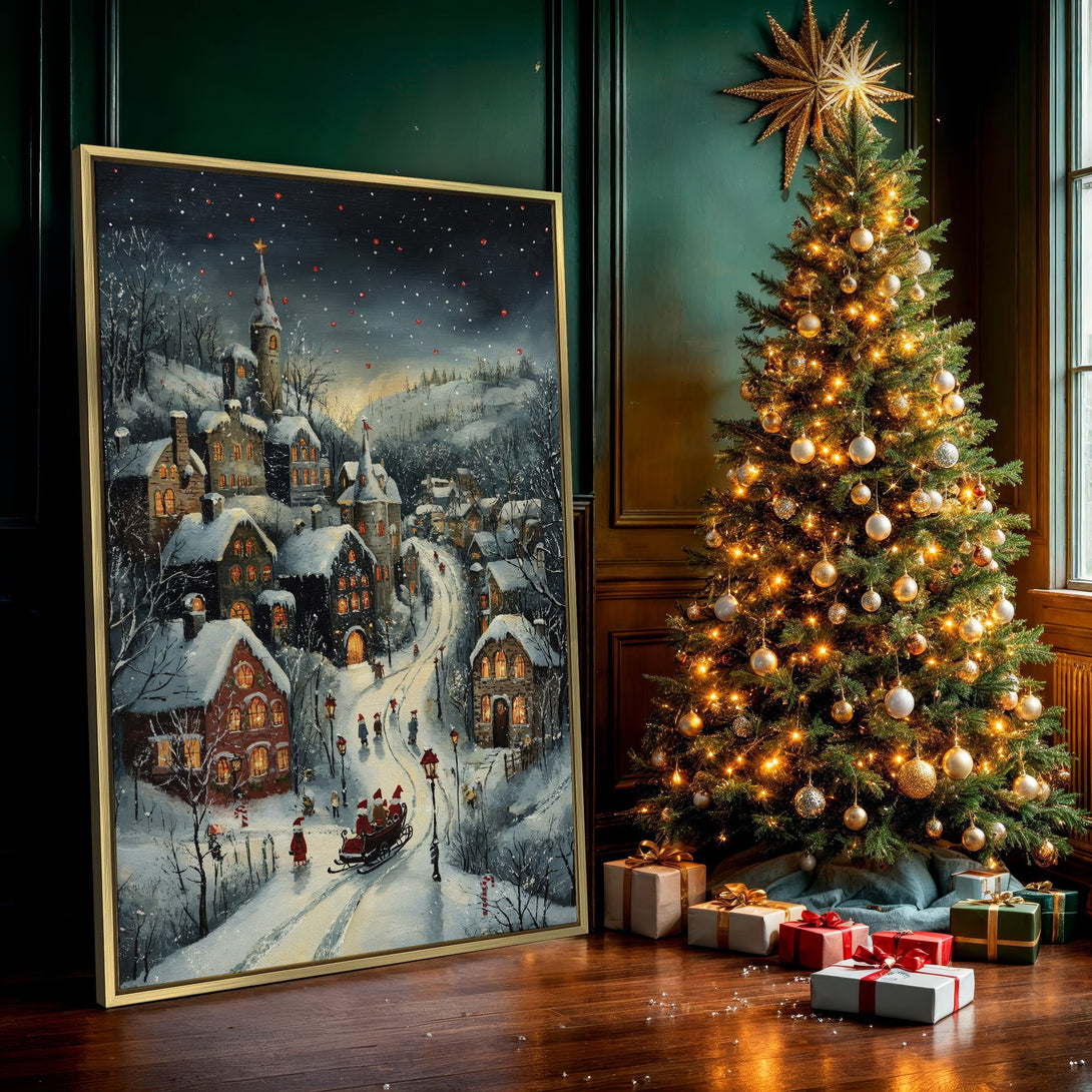 Canvas Print of a winter village scene. Cozy, warm painting with snowy rooftops and a muted color palette. Perfect Christmas wall art!