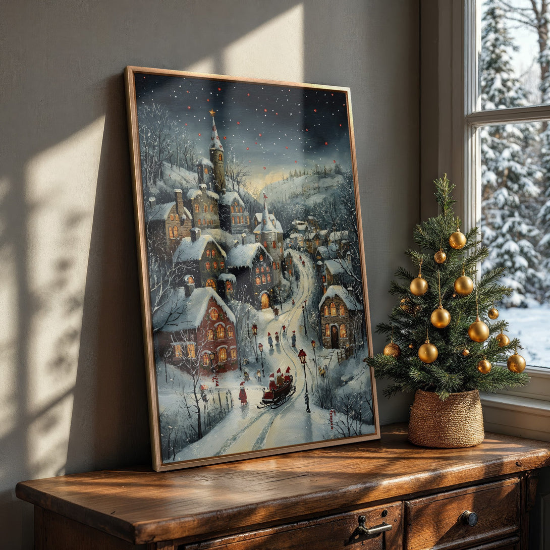 Framed Wall Art: Winter village scene in a cozy interior. Featuring a snowy landscape with warm, inviting colors. Perfect for holiday decor!