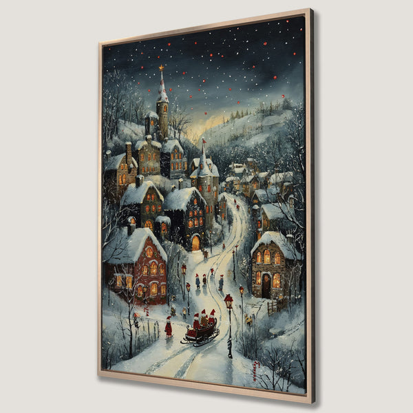 Framed Wall Art: Winter village scene Canvas Print with a warm, inviting color palette. Charming illustration of a snowy town, perfect for holiday decor.