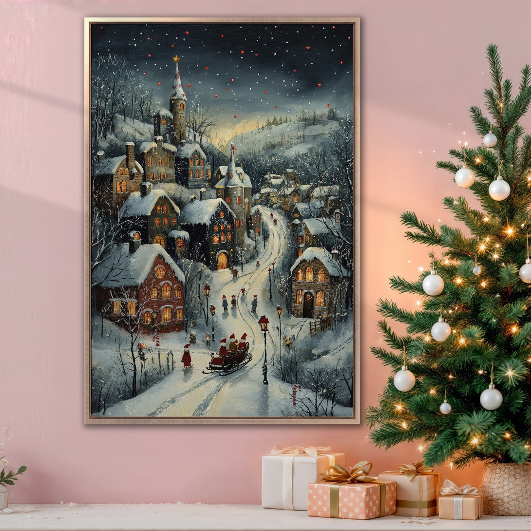 Framed Wall Art: Winter village scene Canvas Print. Cozy Christmas art with a snowy landscape, warm lights, and a charming, vintage style. Perfect holiday decor.