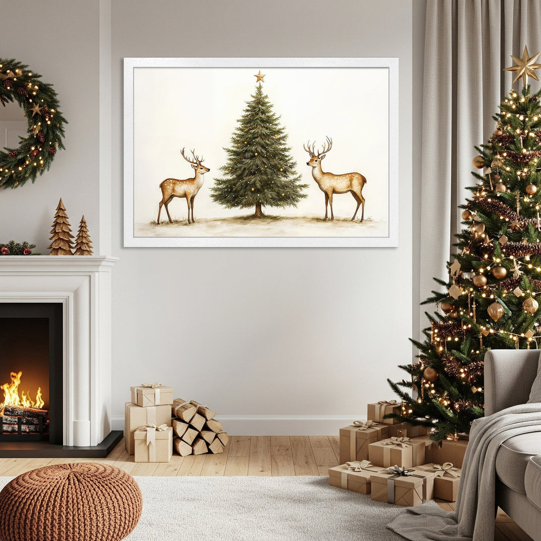 Framed Poster featuring watercolor deer and Christmas tree art. Warm, neutral color palette perfect for holiday decor. Shop the Poster now!