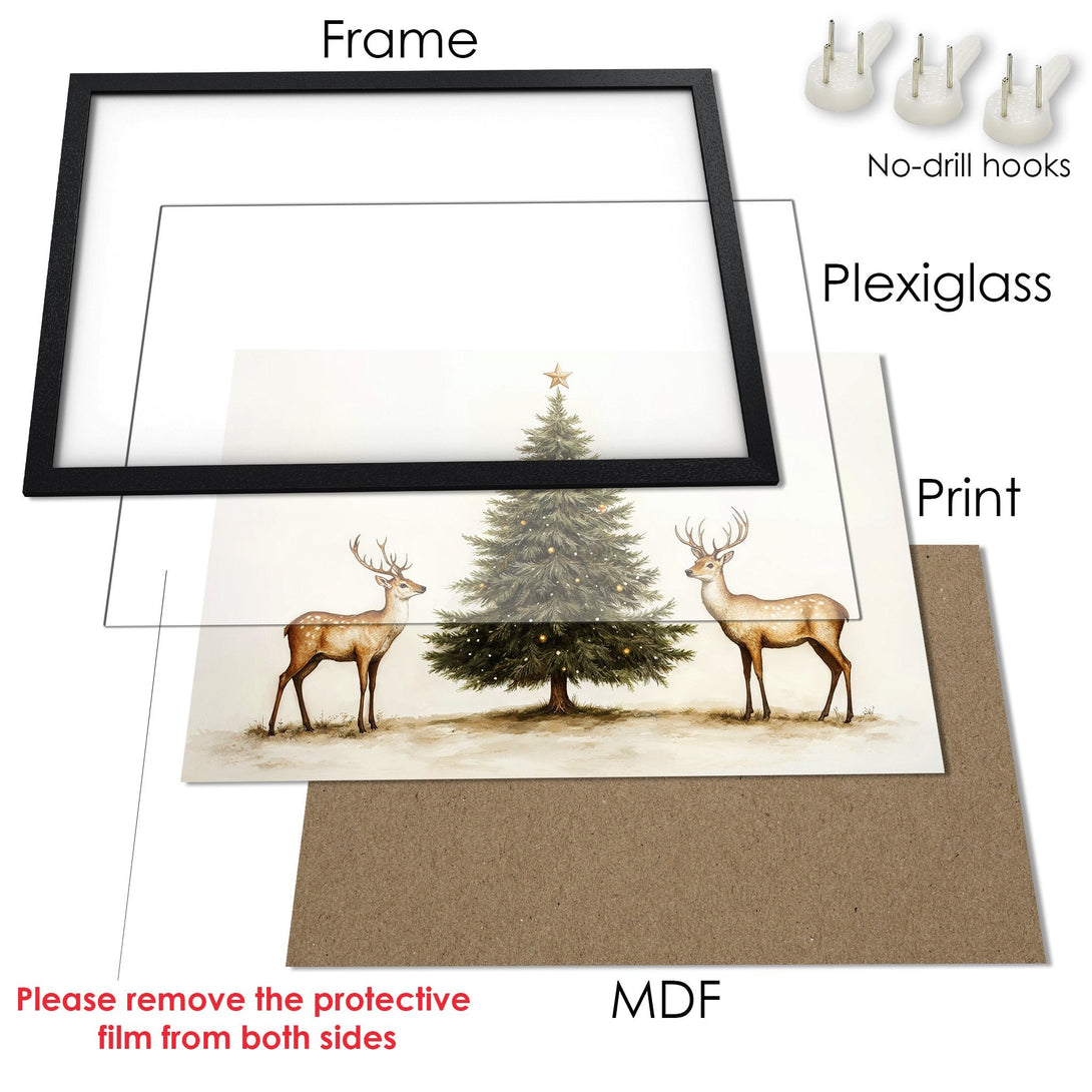 Framed Poster featuring a watercolor Christmas scene with deer and a tree. Soft, neutral color palette perfect for holiday decor.