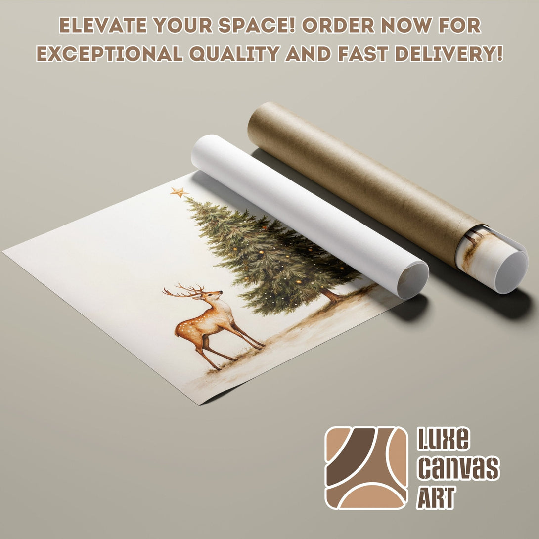 Watercolor Poster Roll featuring a deer and Christmas tree in warm tones. Order now!