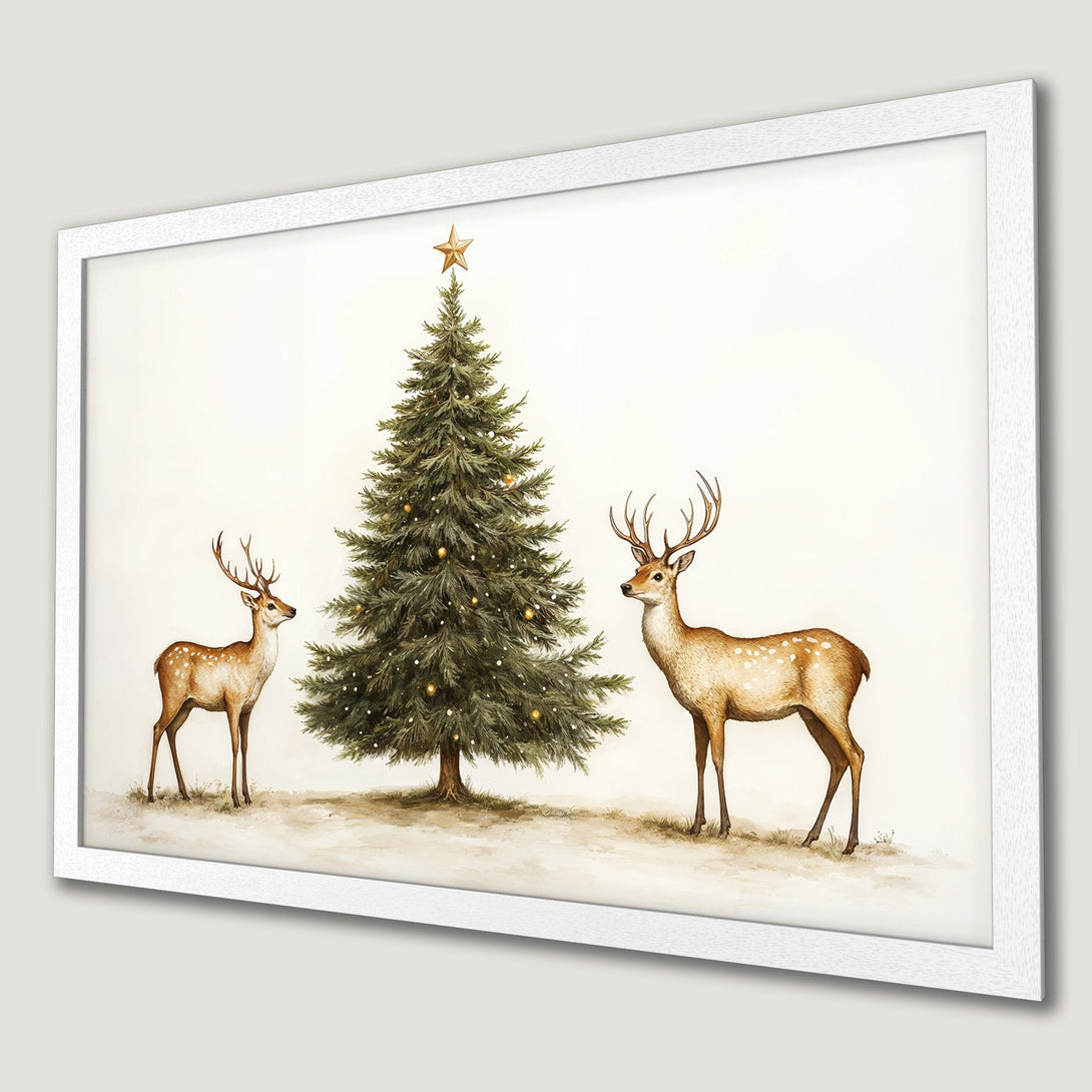 Framed Poster featuring a watercolor Christmas scene with deer and a tree. Warm, neutral color palette for cozy holiday decor.