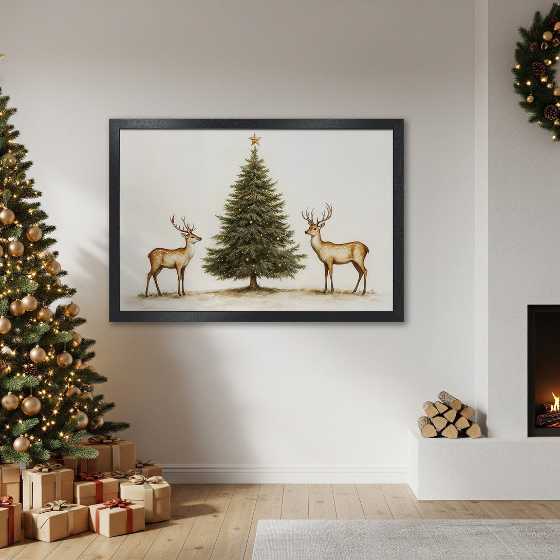 Framed Poster featuring a watercolor Christmas scene with deer, tree, and warm neutral tones. Perfect holiday decor!