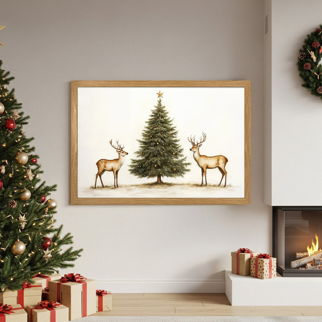Framed Poster featuring watercolor Christmas scene with deer and tree. Warm, neutral color palette for cozy holiday decor.
