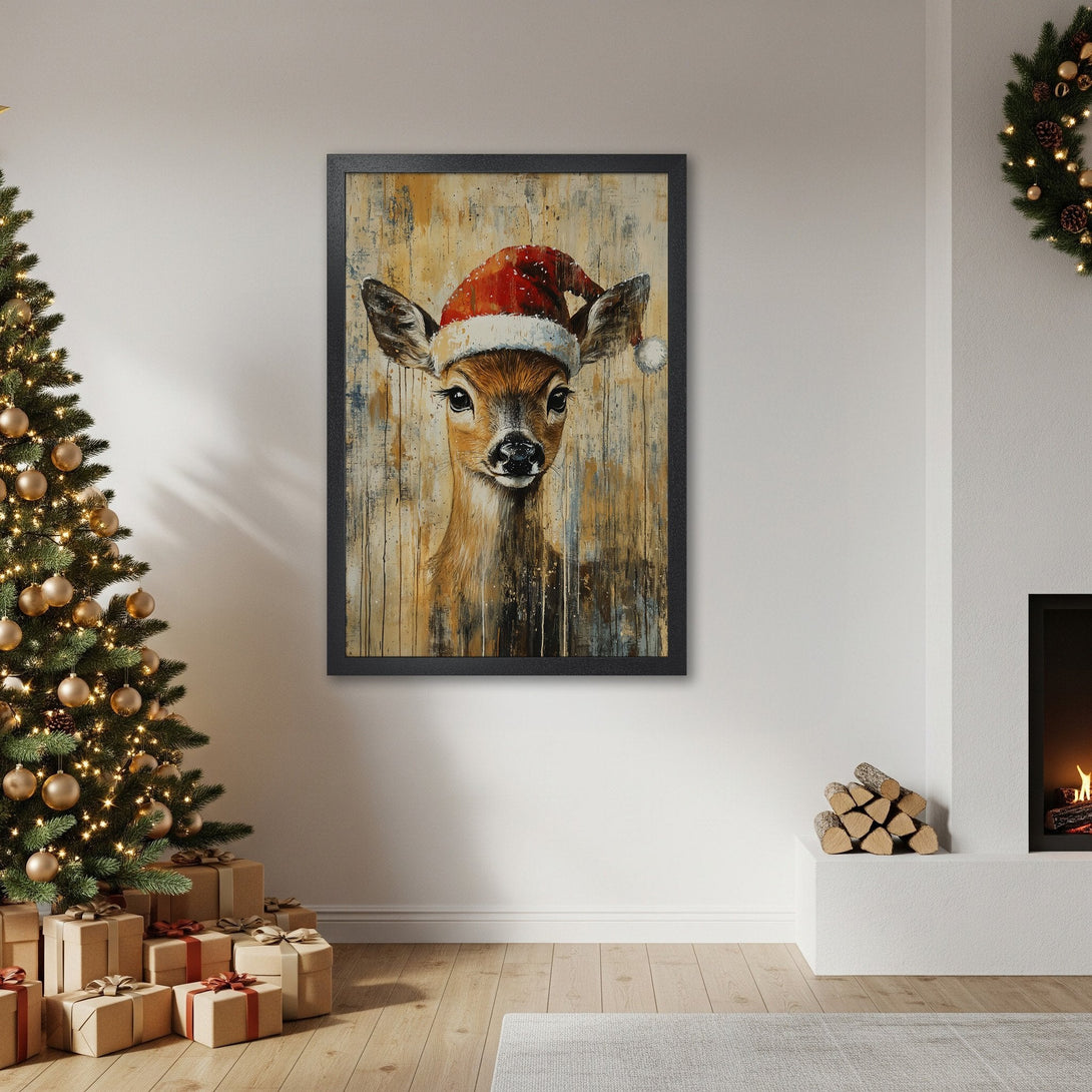 Framed Poster of a deer wearing a Santa hat. Rustic style with warm brown and red tones, perfect Christmas decor.