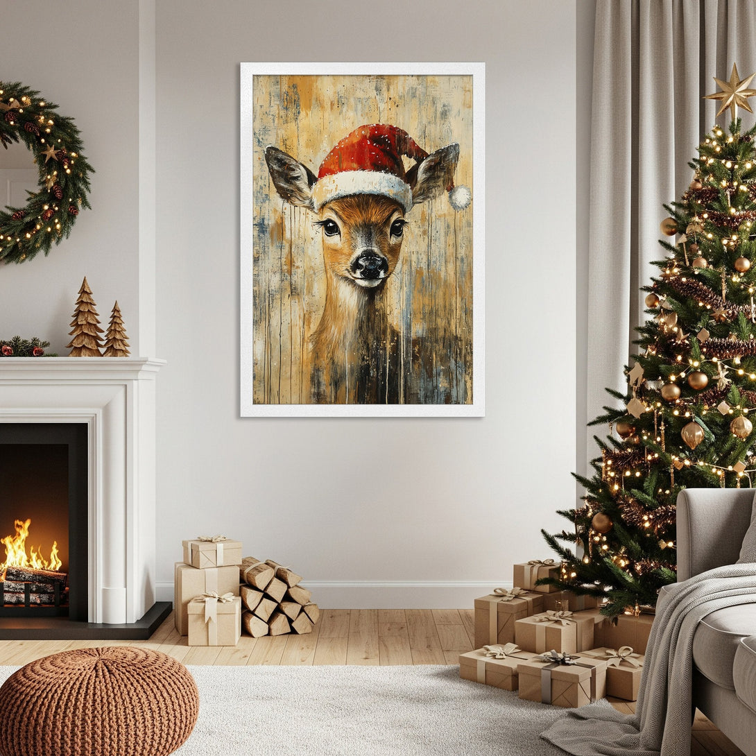 Framed Poster featuring a deer in a Santa hat. Rustic style, warm brown and red color palette. Perfect Christmas decor!
