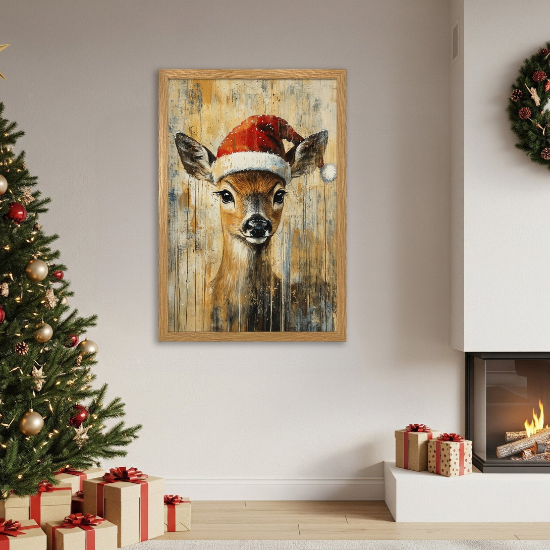 Framed Poster of a deer wearing a Santa hat. Rustic style, warm brown and red color palette, perfect Christmas decor.