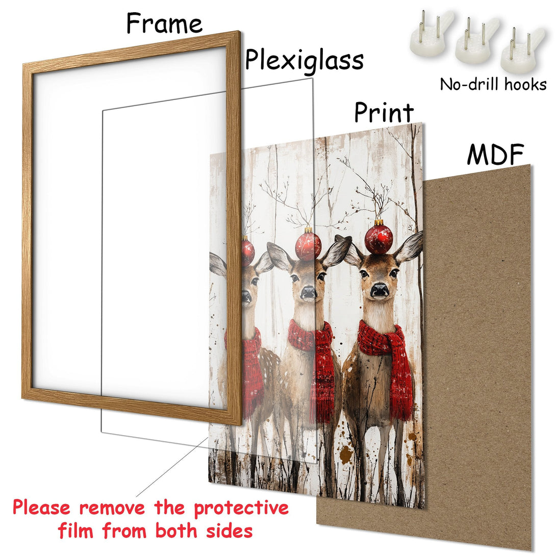 Framed Poster featuring deer with red scarves, rustic style, warm brown & red palette. Perfect holiday decor!