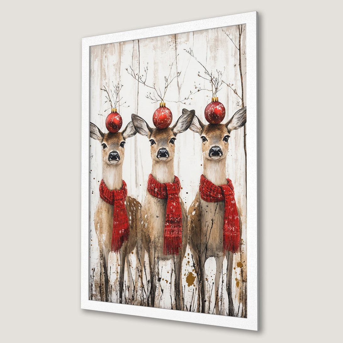 Framed Poster featuring three deer with red scarves and ornaments, rustic style, warm color palette perfect for Christmas decor.