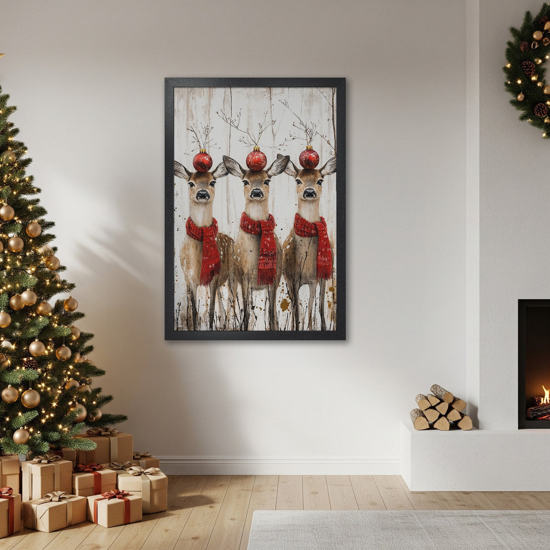 Framed Poster featuring festive deer with red scarves and ornaments, rustic style, warm color palette. Perfect Christmas decor!