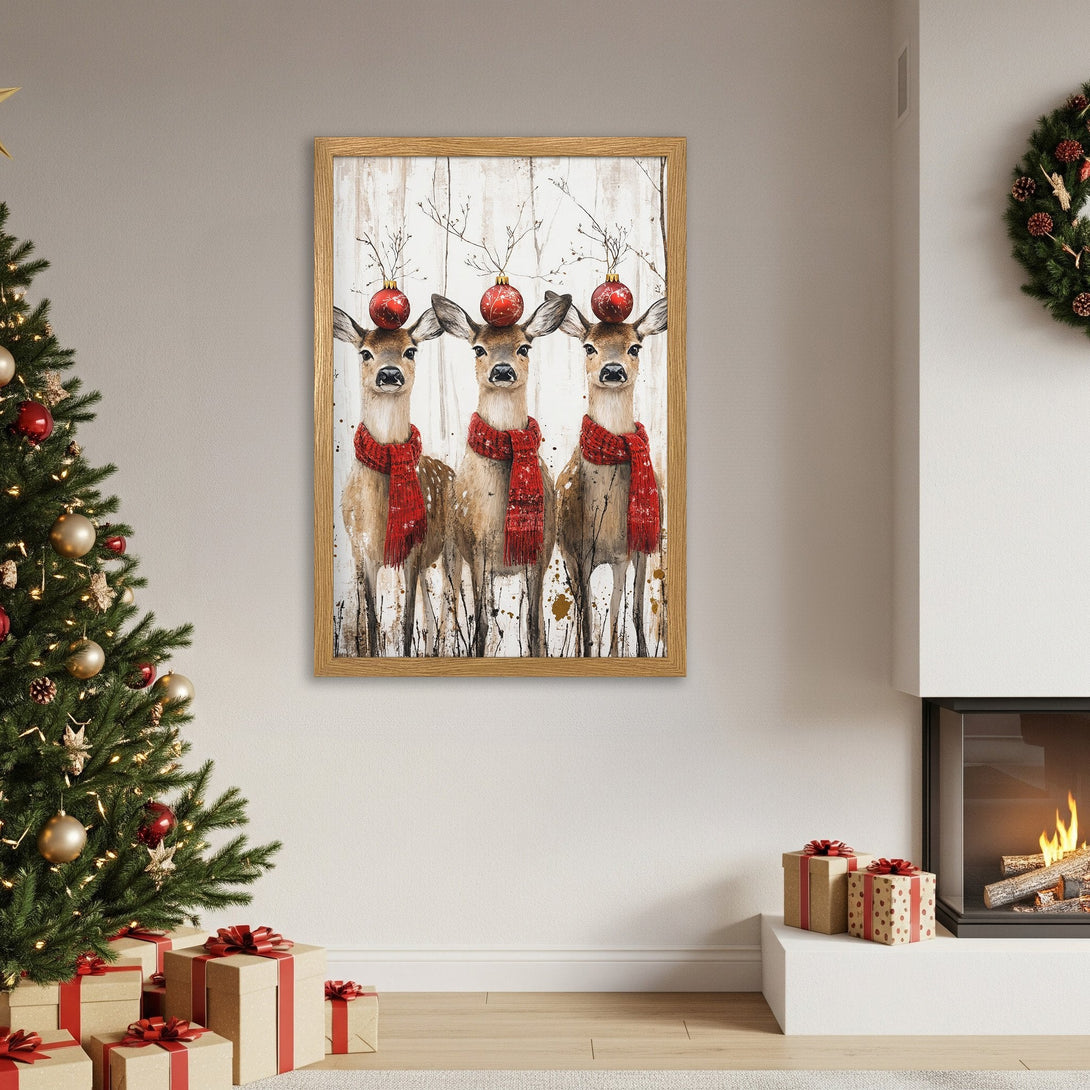 Framed Poster featuring three deer with red scarves & ornaments, rustic style, warm neutral & red color palette. Perfect Christmas decor!