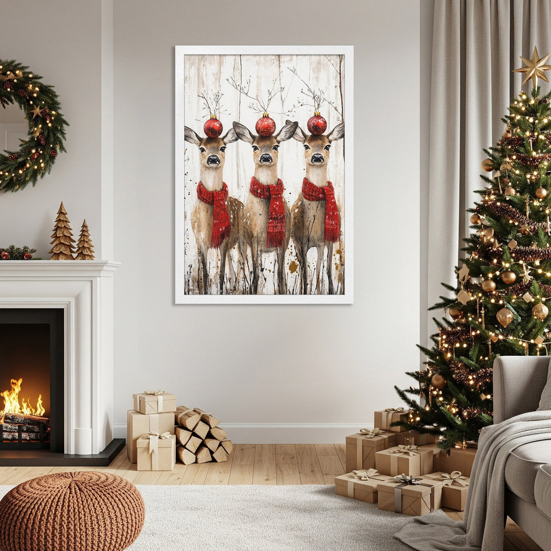 Framed Poster featuring watercolor deer with red scarves and ornaments. Cozy Christmas decor with neutral tones. Perfect holiday wall art.