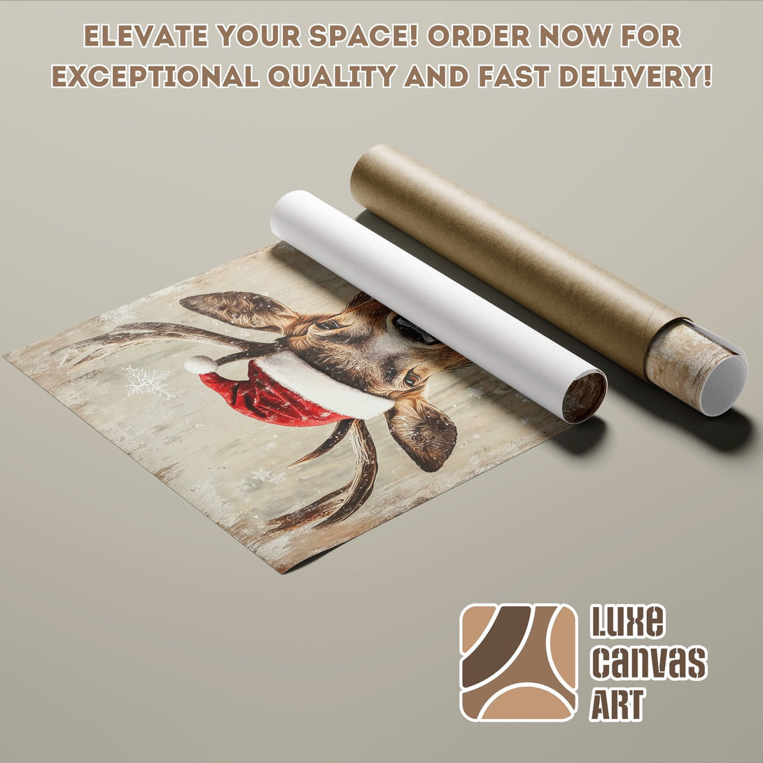 Deer Poster Roll in rustic style, featuring a festive red hat. Warm neutral color palette. Order now!