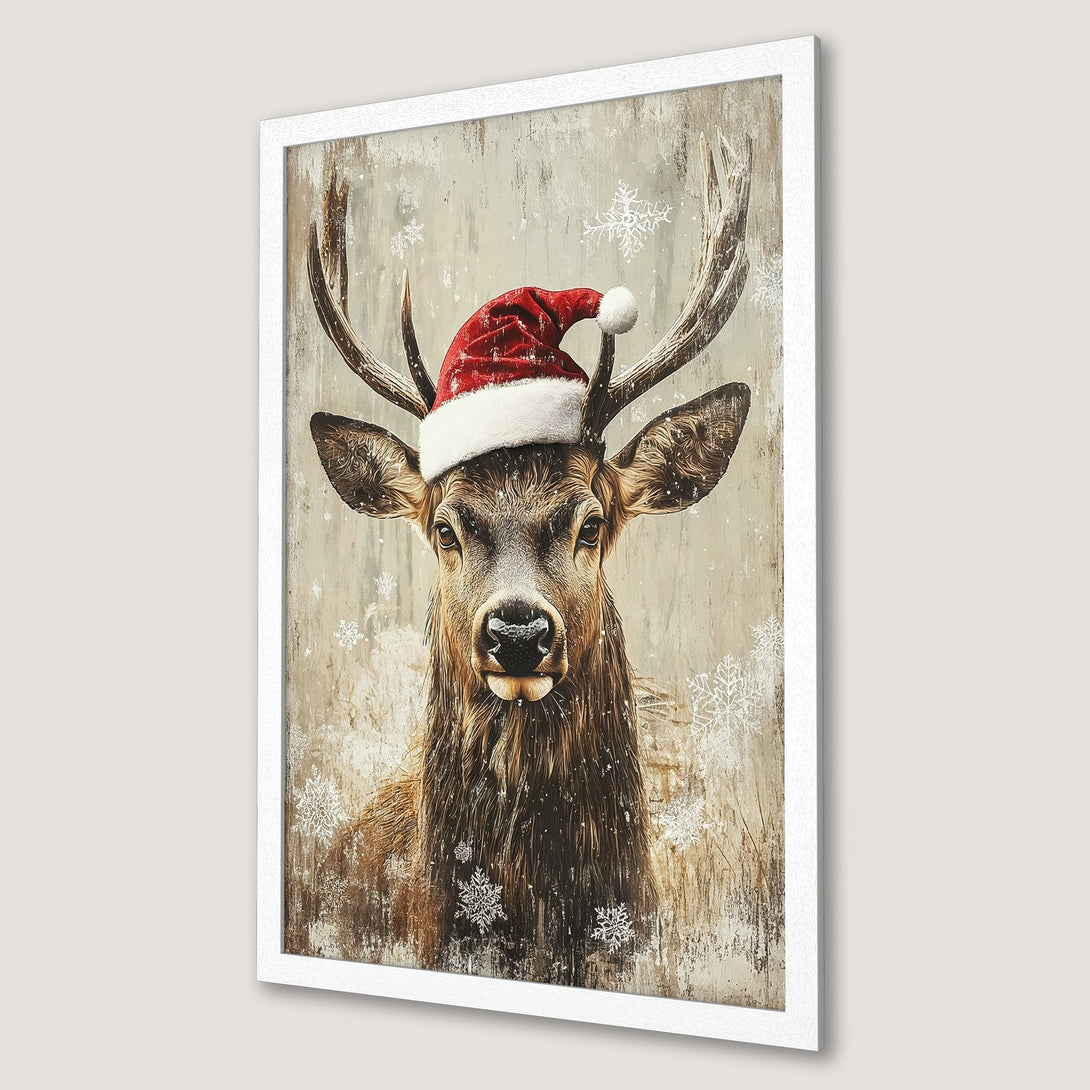 Framed Poster featuring a festive deer wearing a Santa hat. Rustic style with brown, beige, and red color palette. Perfect holiday decor.