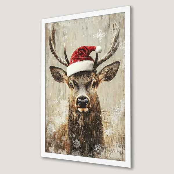 Framed Poster featuring a festive deer wearing a Santa hat. Rustic style with brown, beige, and red color palette. Perfect holiday decor.