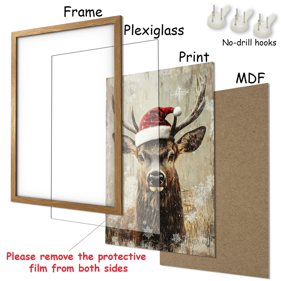 Framed Poster featuring a festive deer with a Santa hat, in a rustic style with a warm, neutral color palette. Perfect holiday decor!