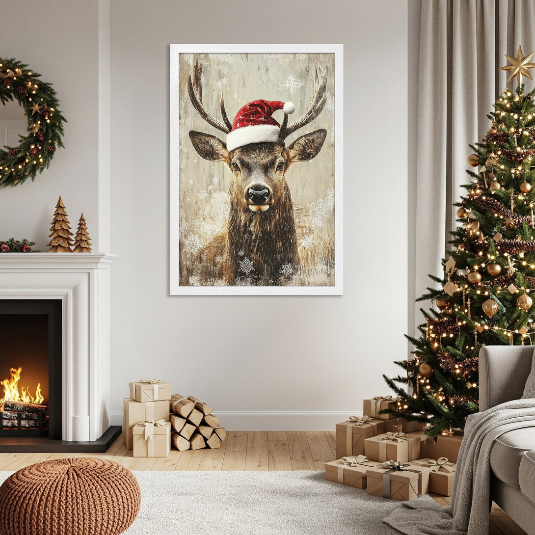 Framed Poster featuring a festive deer in a Santa hat, rustic style, warm neutral color palette, perfect Christmas decor.