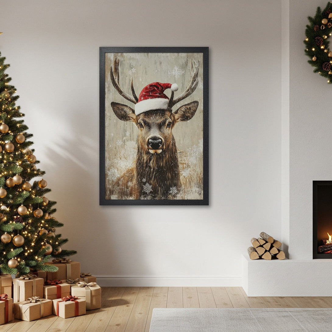 Framed Poster featuring a festive deer in a Santa hat. Rustic style with warm brown and red tones, perfect for Christmas decor.