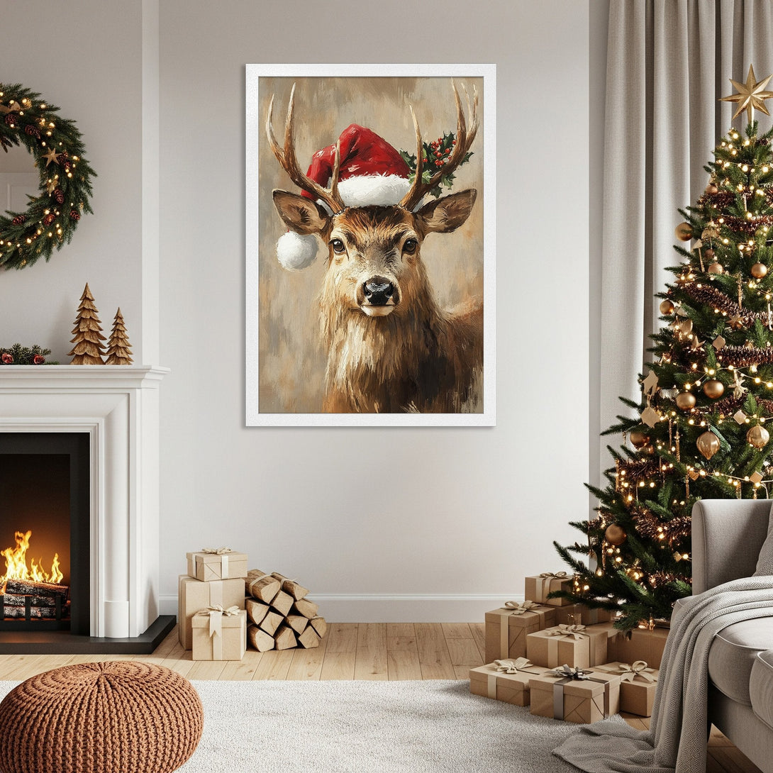 Framed Poster of a festive deer wearing a Santa hat, painted in a warm, neutral color palette. Perfect Christmas decor!