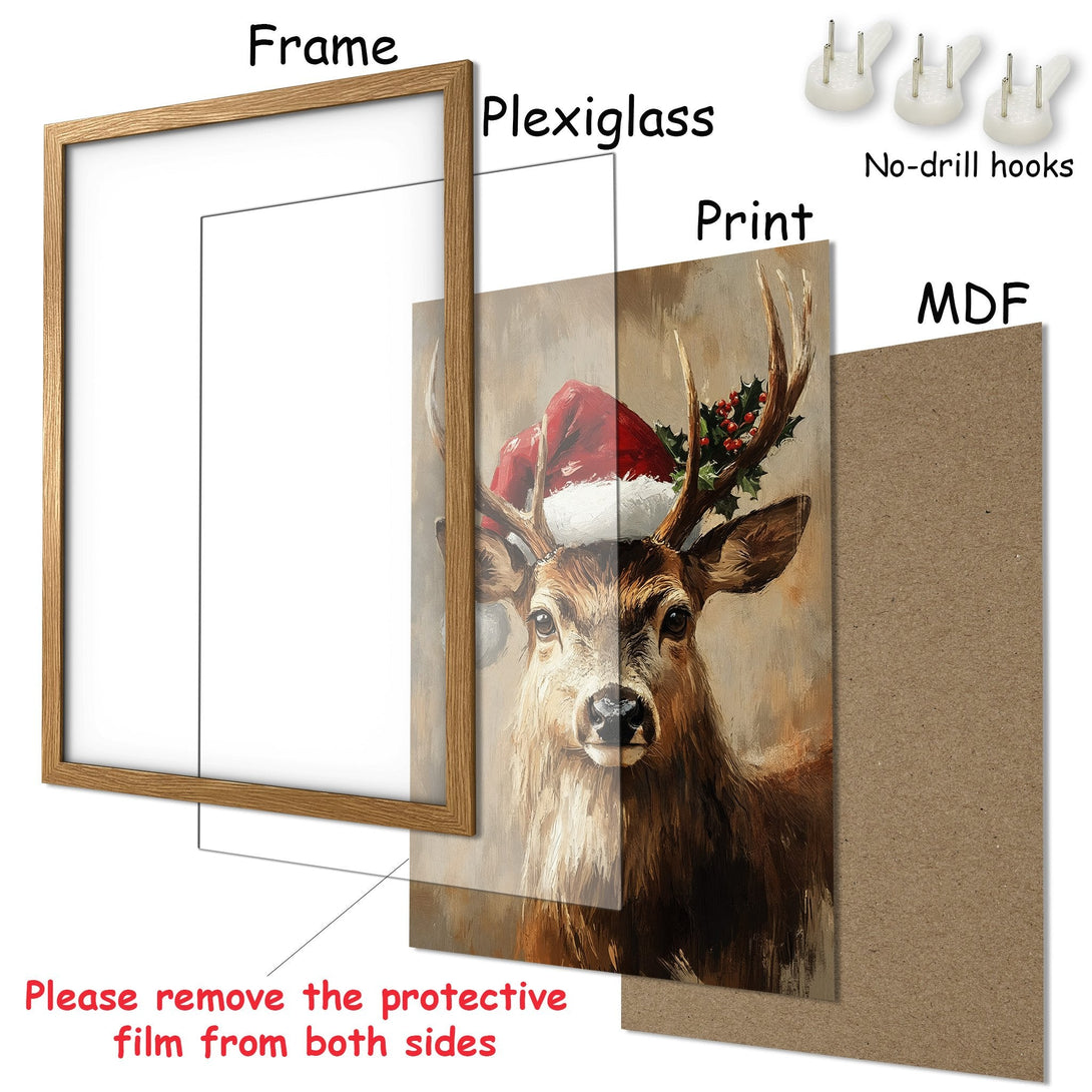 Framed Poster featuring a festive deer in a warm, neutral color palette. Perfect holiday decor!