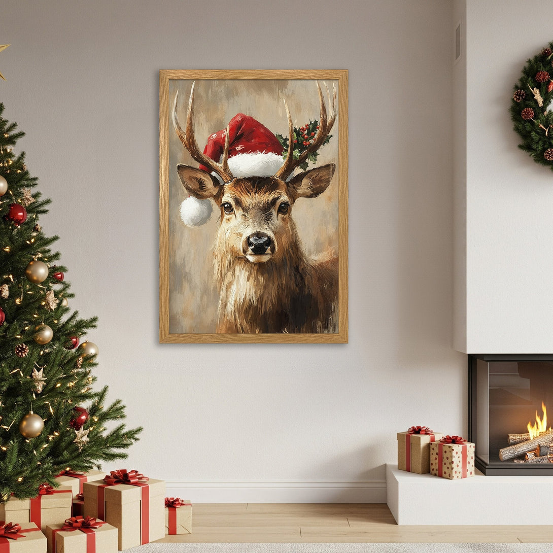 Framed Poster of a festive deer in a Santa hat. Warm, neutral tones with pops of red. Perfect Christmas wall art.