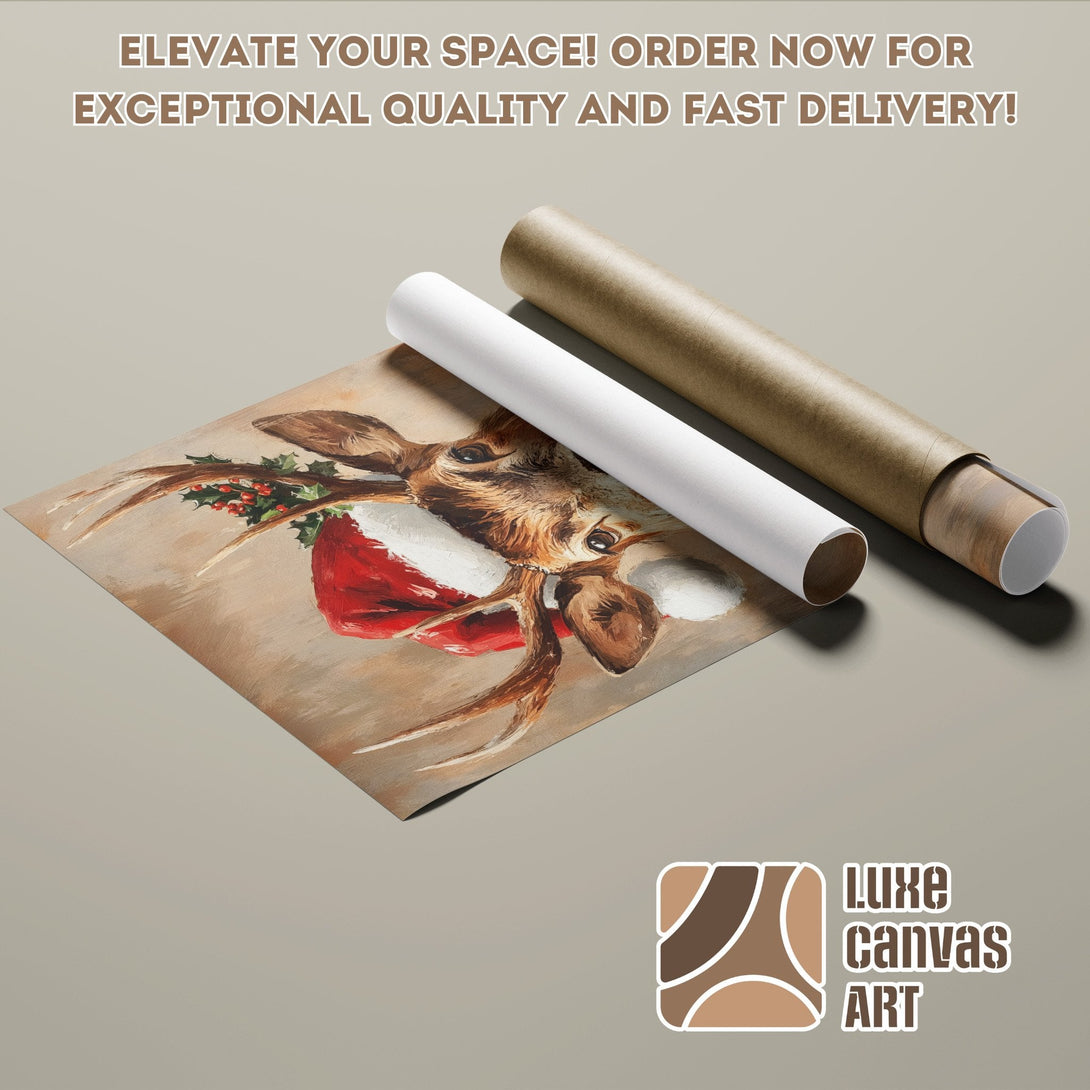 Poster Roll featuring a deer with a festive red hat, painted style, warm neutral tones.