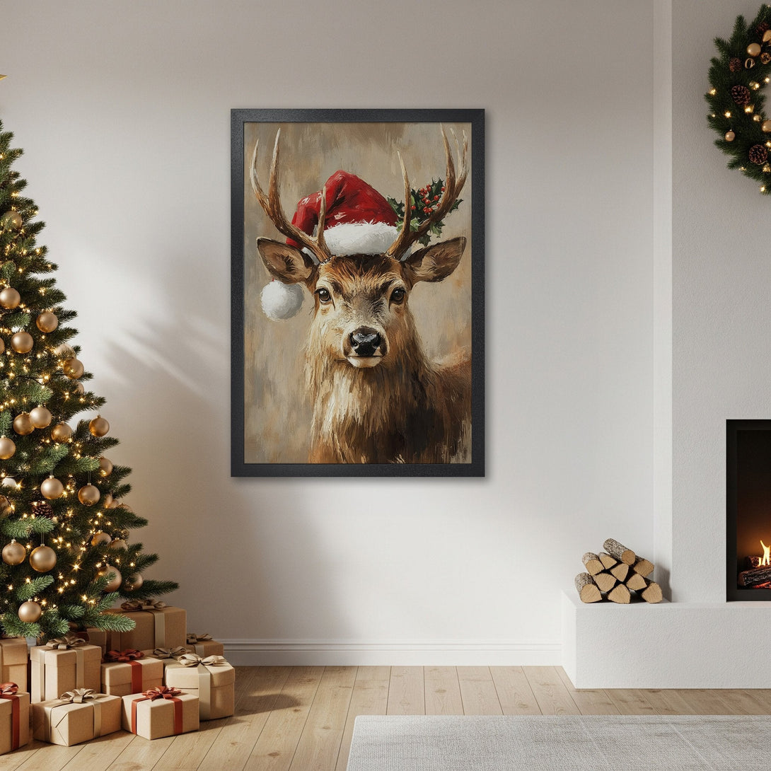 Framed Poster featuring a festive deer in a Santa hat, painted in a warm, neutral color palette. Perfect holiday decor!