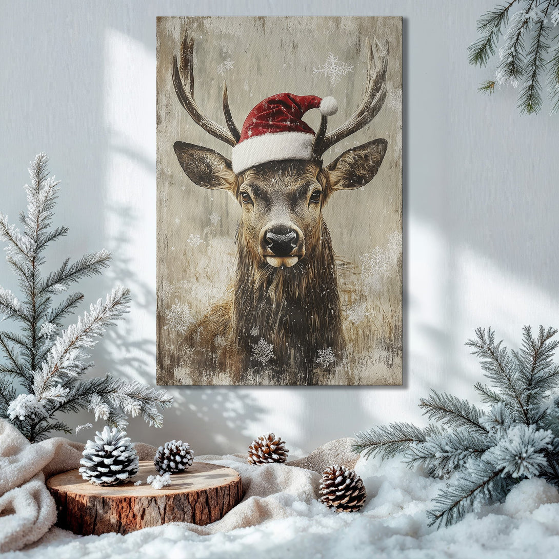 Framed Wall Art: Festive deer in Santa hat, rustic style, neutral & red tones. Perfect Christmas decor for your home!