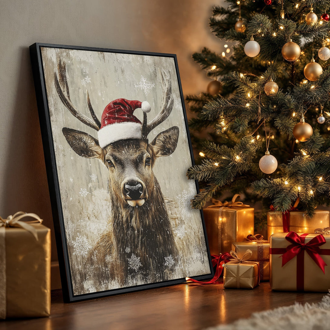 Framed Wall Art: Festive deer in Santa hat, neutral & brown tones. Perfect holiday decor. Add warmth and charm to your space!