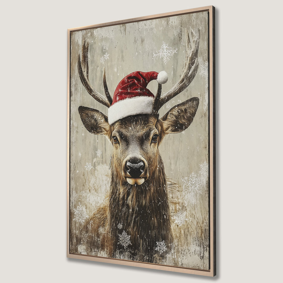 Framed Wall Art: Rustic Christmas deer wearing Santa hat. Neutral color palette with snowflakes. Perfect holiday decor for your home!