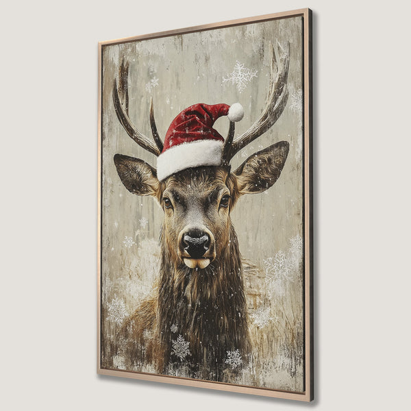 Framed Wall Art: Rustic Christmas deer wearing Santa hat. Neutral color palette with snowflakes. Perfect holiday decor for your home!