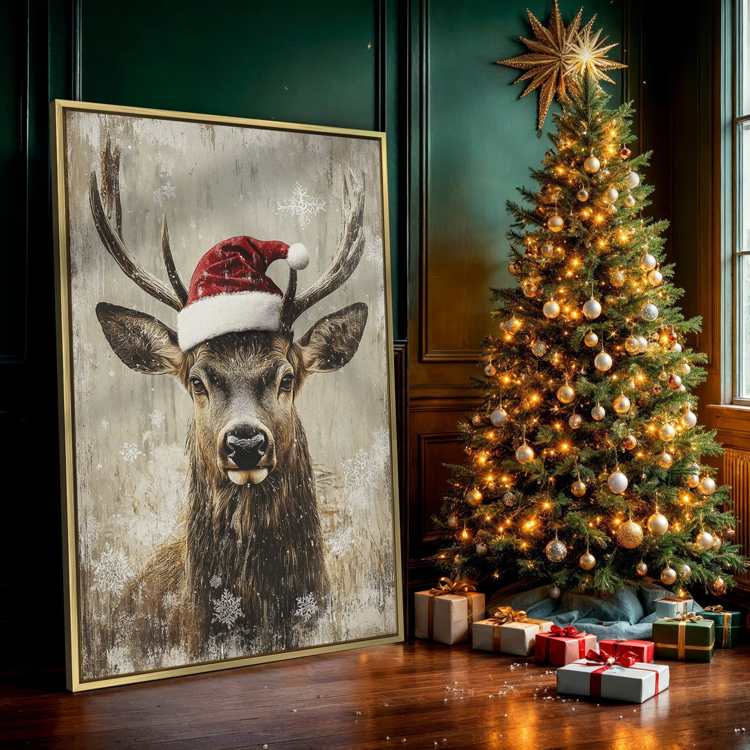 Canvas Print featuring a festive deer wearing a Santa hat. Rustic style with a warm, neutral color palette, perfect for holiday decor.