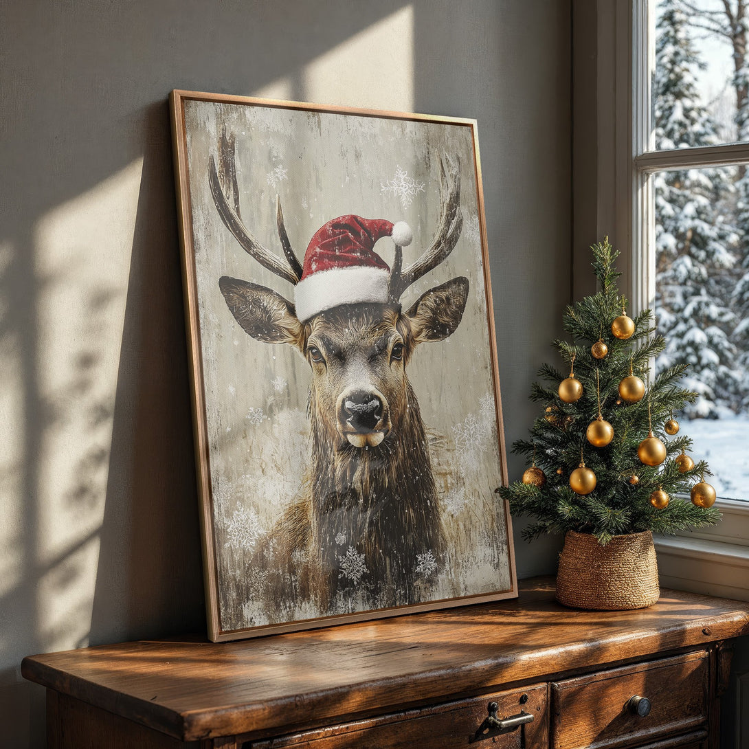 Framed Wall Art featuring a festive deer in a Santa hat. Rustic style with a neutral and warm color palette, perfect for holiday decor.