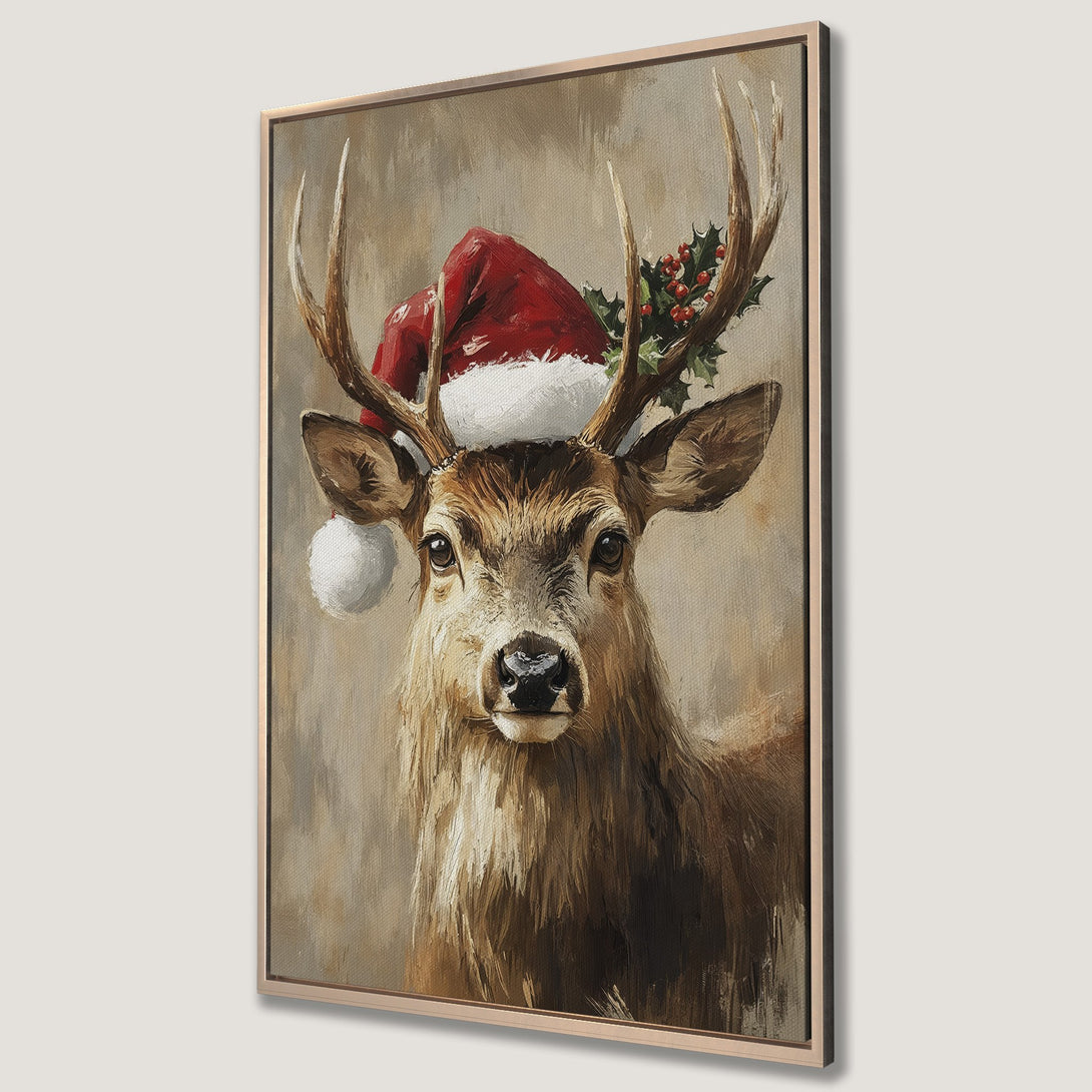 Framed Wall Art: Festive deer portrait in warm brown tones, wearing a Santa hat. Rustic style Canvas Print perfect for Christmas decor!