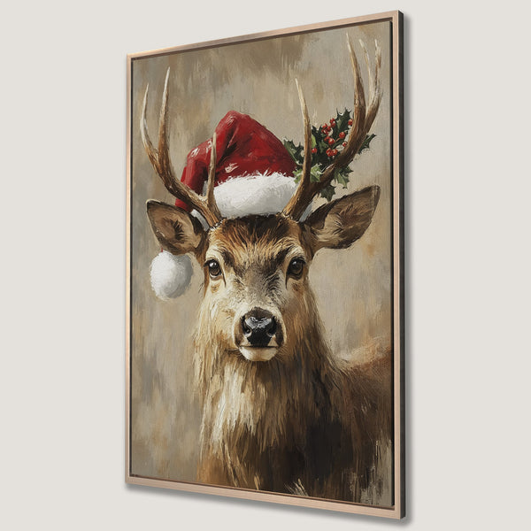 Framed Wall Art: Festive deer portrait in warm brown tones, wearing a Santa hat. Rustic style Canvas Print perfect for Christmas decor!