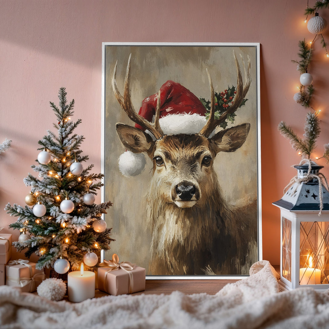 Framed Wall Art: Festive deer in Santa hat, warm neutral tones. Perfect Christmas decor. Canvas Print adds cozy charm to your home.