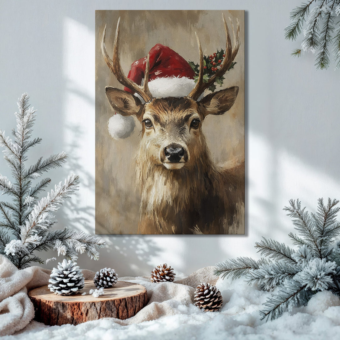 Framed Wall Art: Festive deer in Santa hat. Rustic style, warm brown and red tones. Perfect Christmas decor!