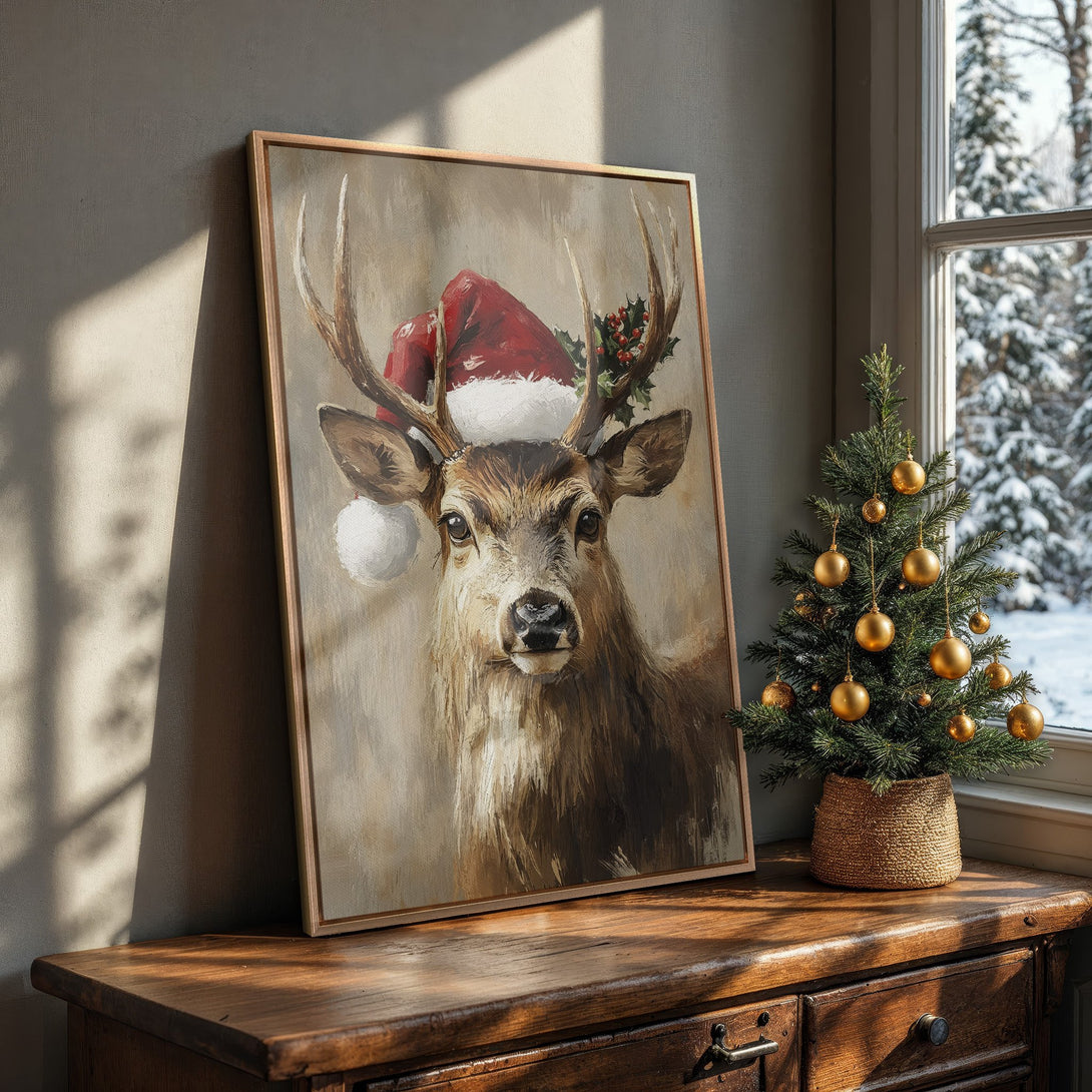 Framed Wall Art: Festive deer portrait in warm tones. Rustic style Canvas Print with a red Santa hat, perfect for holiday decor.