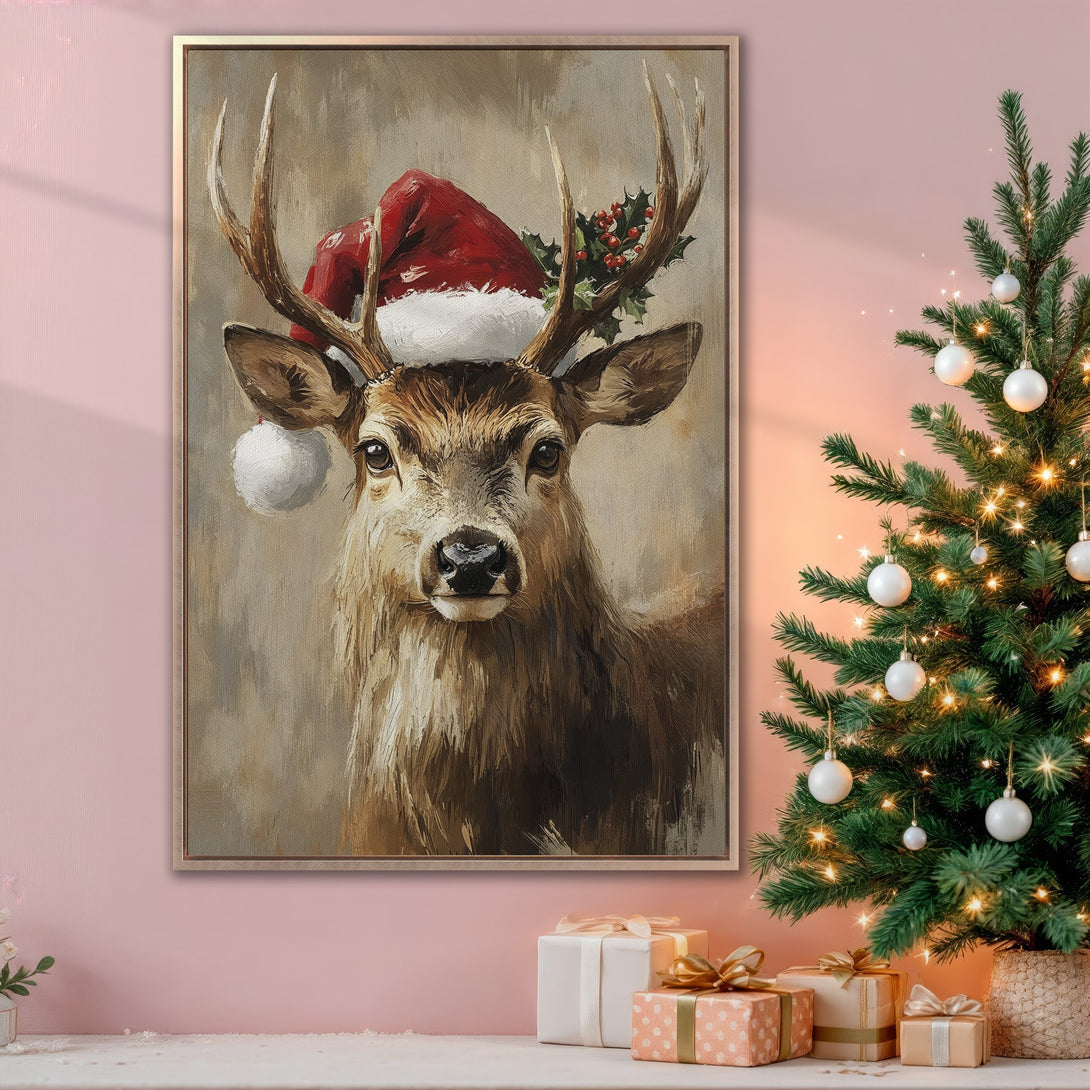 Framed Wall Art: Festive deer in Santa hat, oil painting style, warm neutral & red tones. Perfect Christmas decor for your home! Shop now!