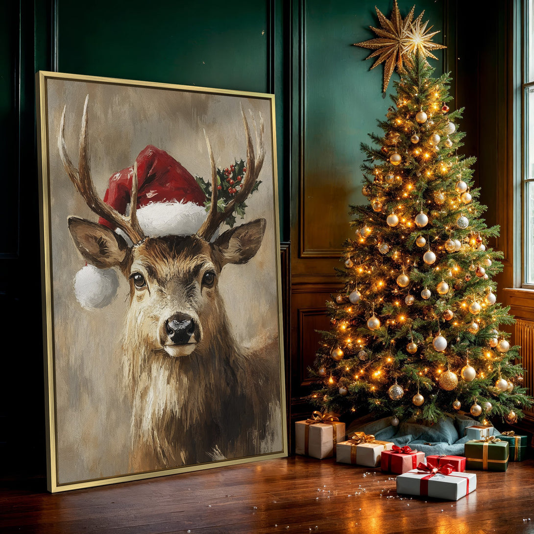 Canvas Print of a festive deer wearing a Santa hat. Rustic style with warm brown and red tones, perfect Christmas wall art.