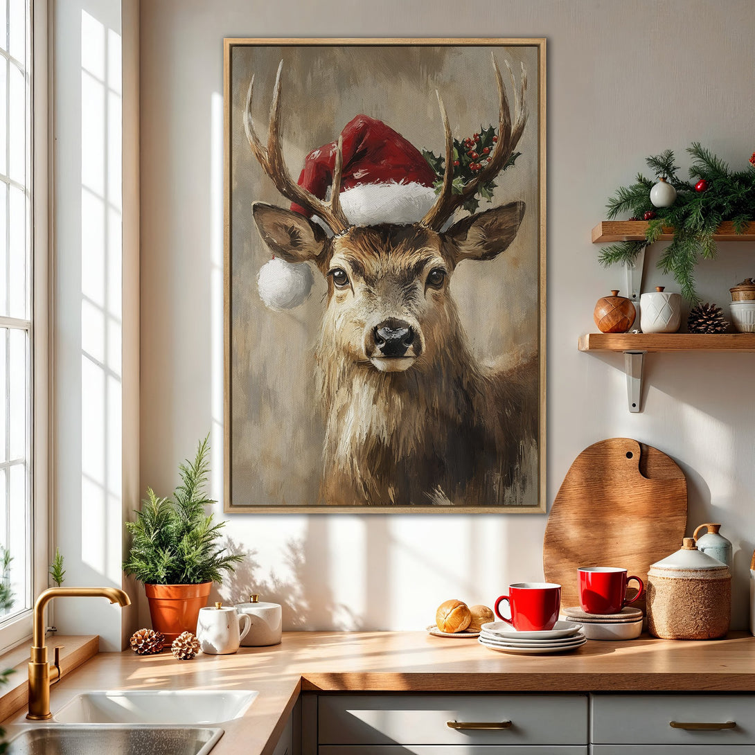 Framed Wall Art: Festive deer portrait in warm, neutral tones with a pop of red. Perfect Christmas decor for a cozy kitchen or living room.