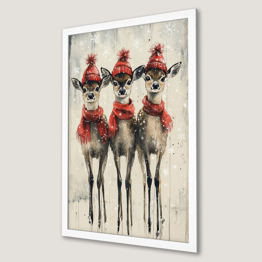 Framed Poster featuring watercolor deer in red hats and scarves, winter art. Neutral palette with pops of red. Perfect holiday decor.