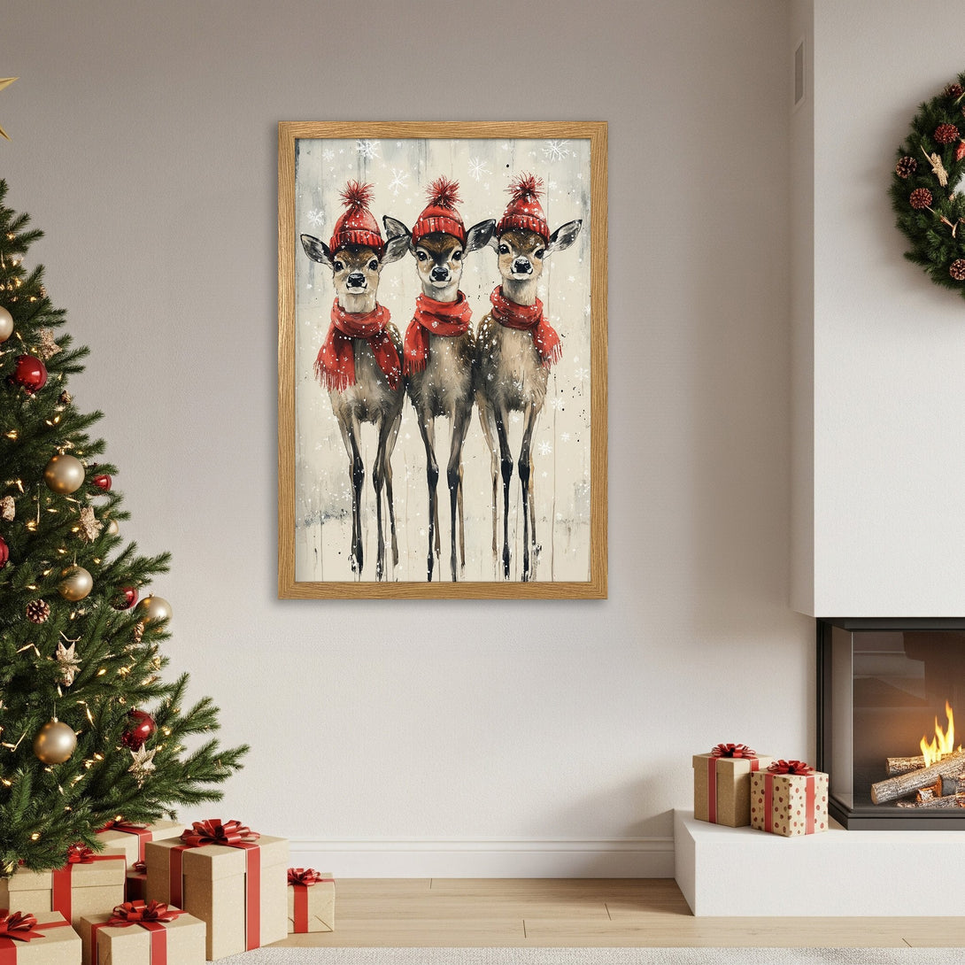 Framed Poster featuring watercolor deer in red hats and scarves. Festive winter art in a neutral color palette. Perfect holiday decor!