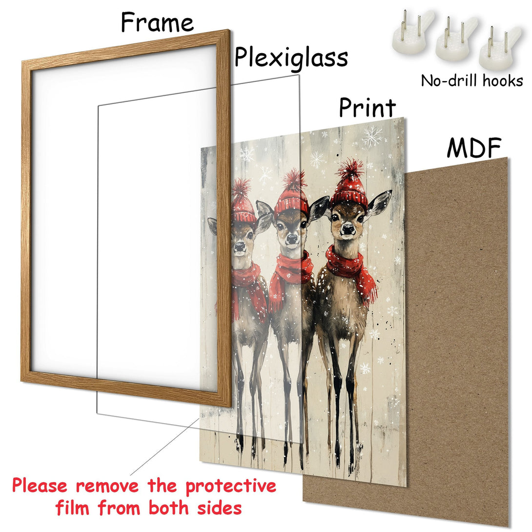 Framed Poster featuring deer in winter style, with a warm, neutral color palette and red accents. Perfect wall art!