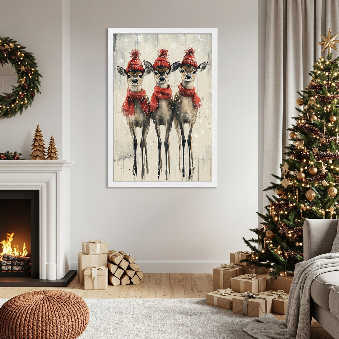 Framed Poster featuring watercolor deer in red hats and scarves, perfect for Christmas decor. Neutral palette, cozy style.