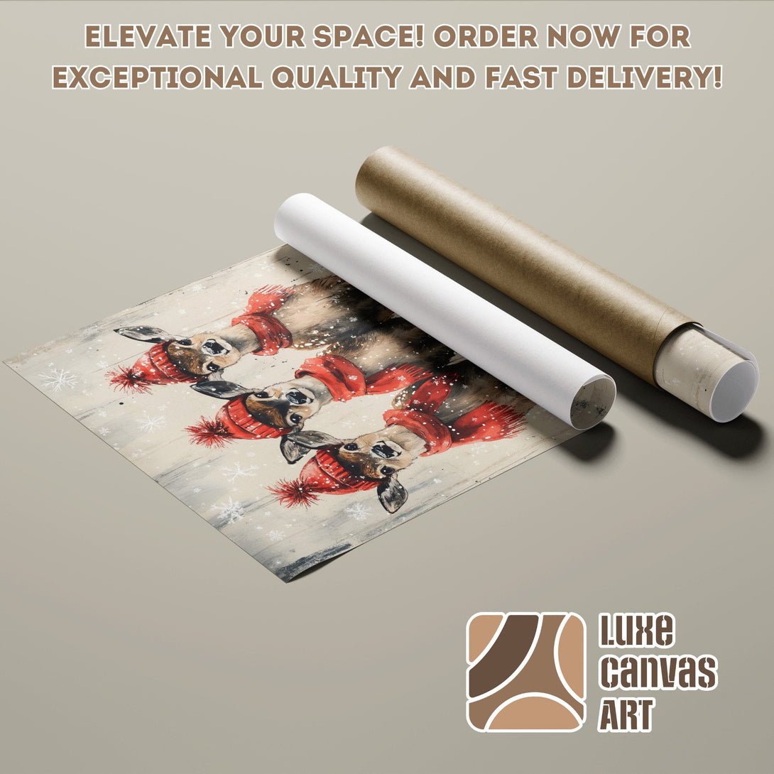Poster Roll featuring watercolor deer in red hats, neutral palette. Elevate your space!