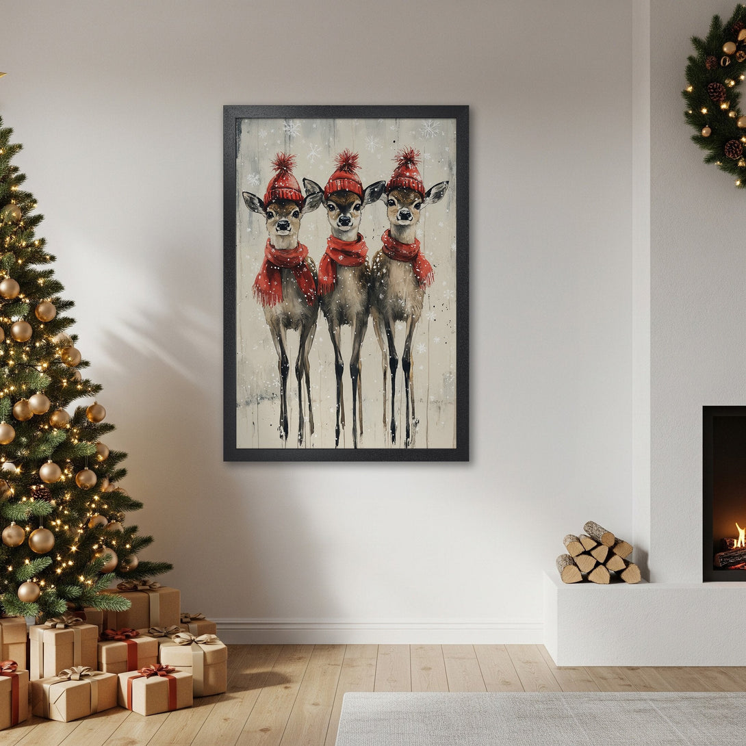 Framed Poster featuring watercolor deer with red hats & scarves, perfect for Christmas decor. Neutral palette.